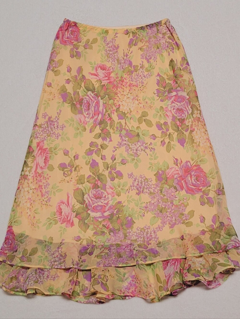 Boho 90s Vintage Peach Purple Floral Cabbage Rose Tiered Ruffle Midi Skirt 12 - Picture 6 of 8